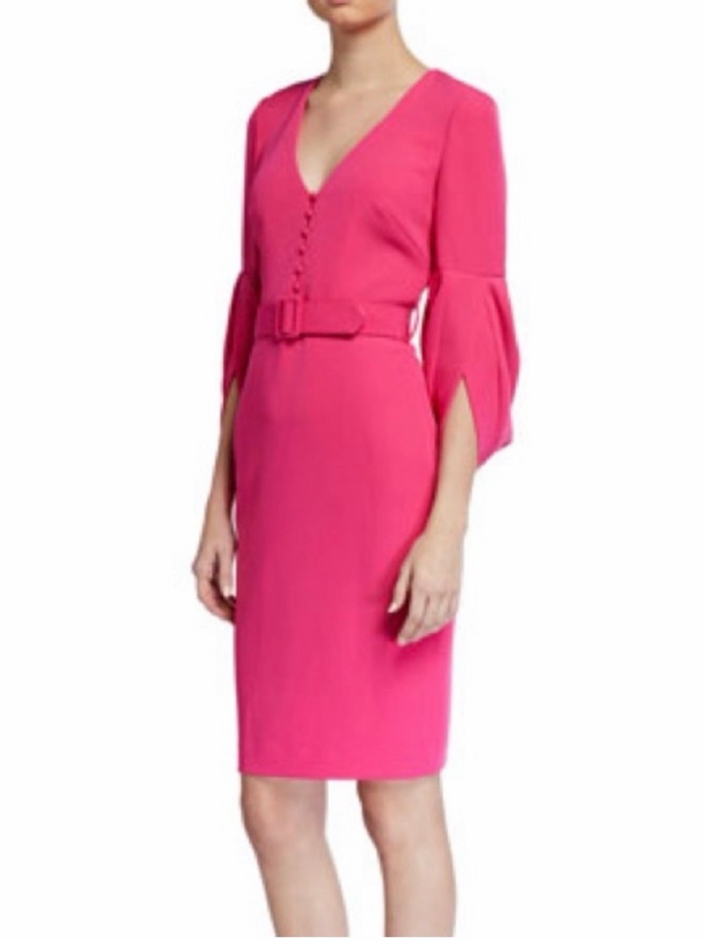 Badgley Mischka Hot Pink V-Neck Belted Long Sleeve Dress